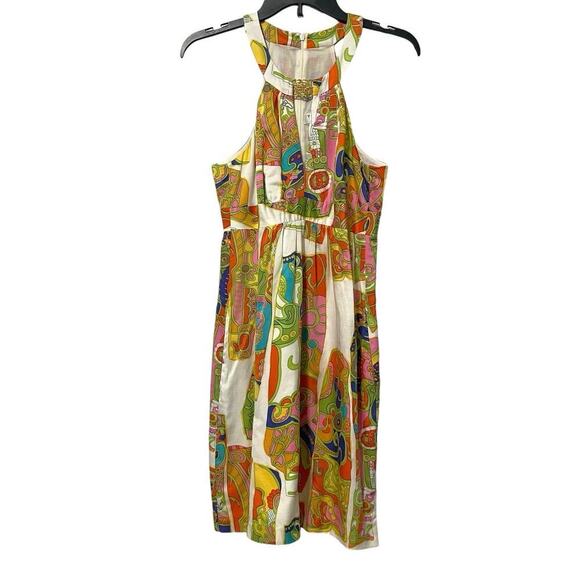 Trina Turk Multicolor Silk Halter Neck Mini Dress Sz 2 Retro Funky Artsy Formal - Picture 1 of 6